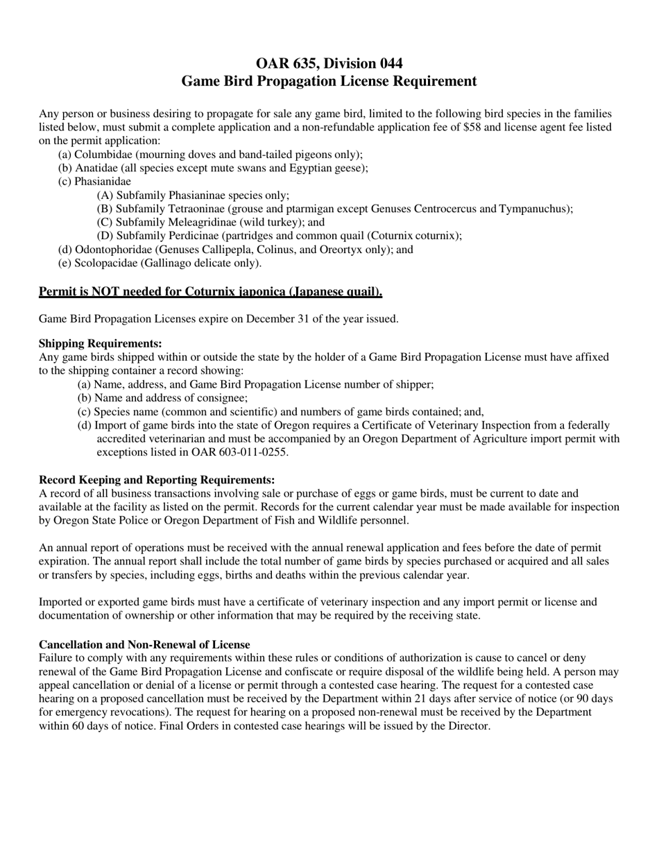 Oregon Game Bird Propagation License Application Fill Out, Sign