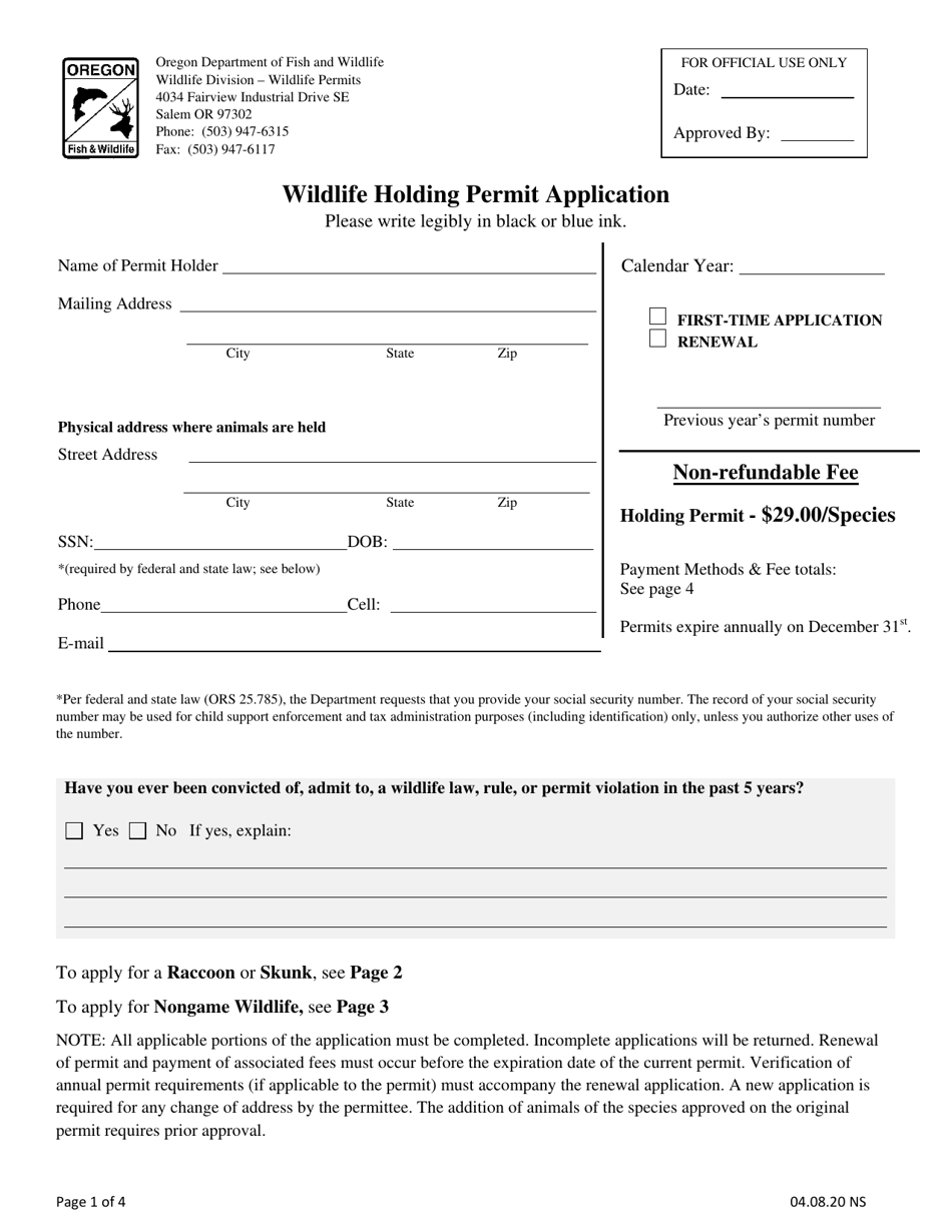 Wildlife Holding Permit Application - Oregon, Page 1