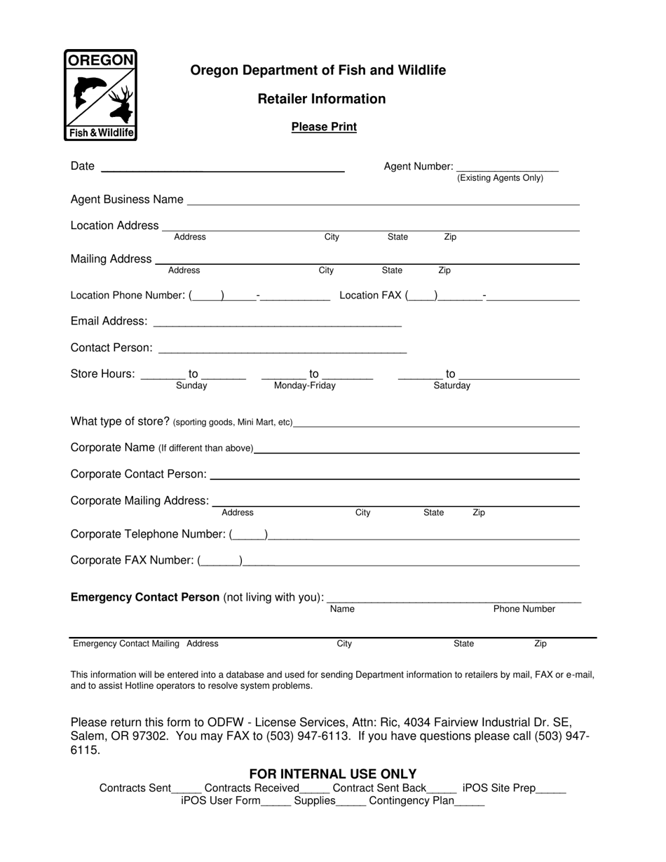 Agent Retail Information Form - Oregon, Page 1