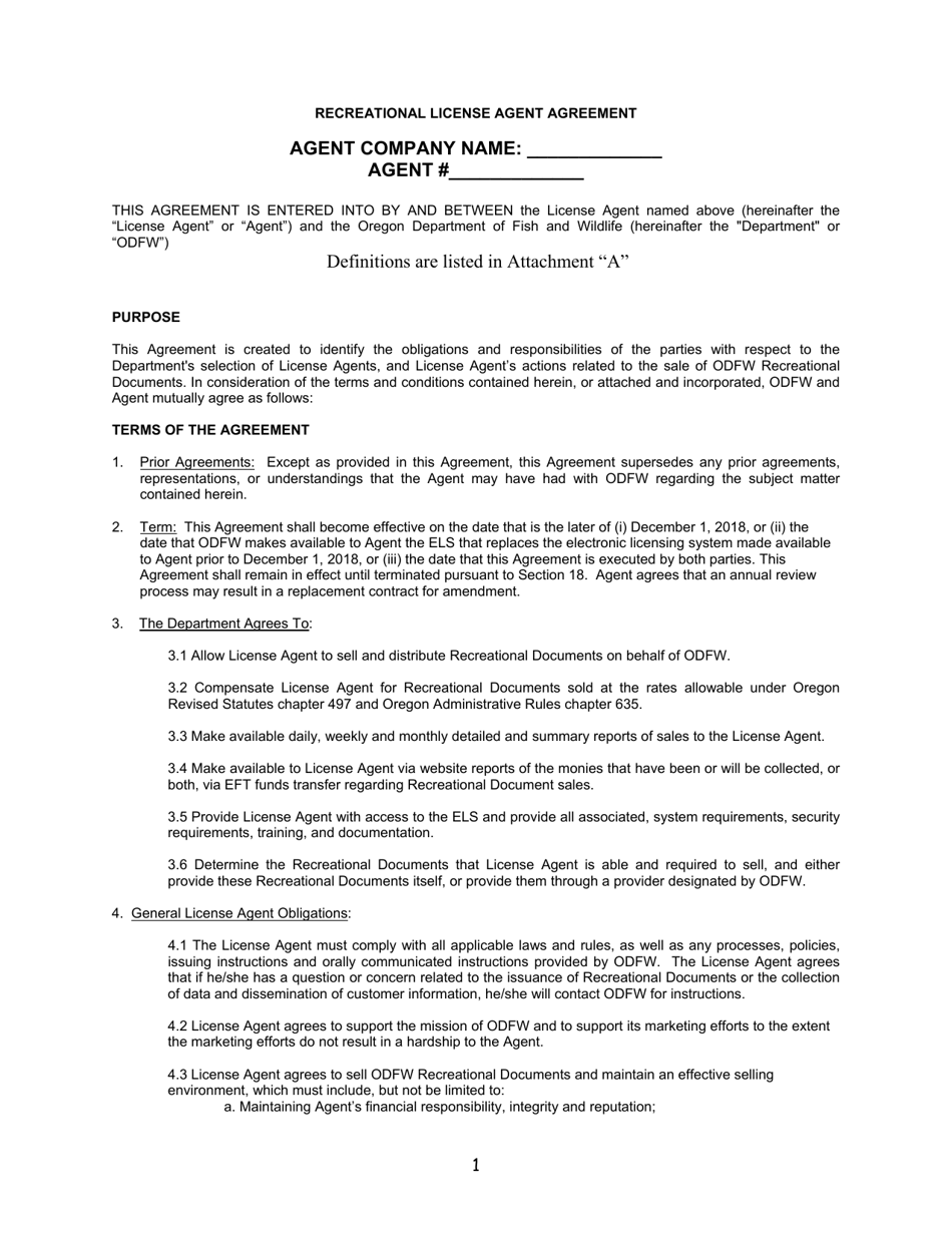 Recreational License Agent Agreement - Oregon, Page 1