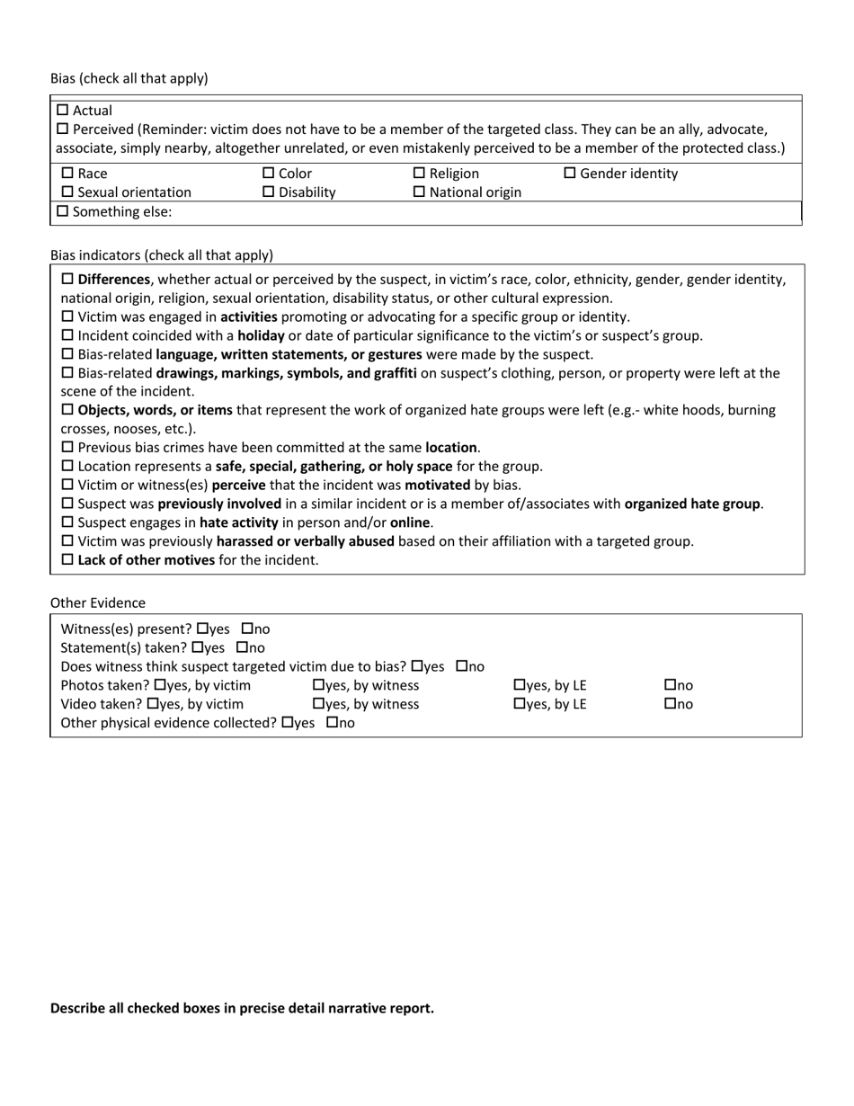 Law Enforcement Agency Bias Crime and Incident Supplemental Form - Oregon, Page 2