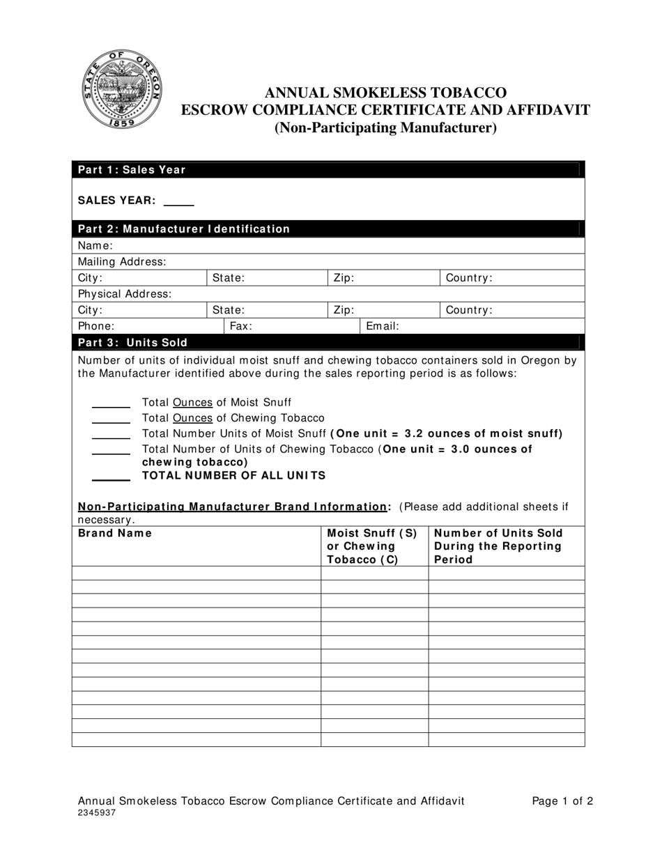Form 2345937 Annual Smokeless Tobacco Escrow Compliance Certificate and Affidavit (Non-participating Manufacturer) - Oregon, Page 1