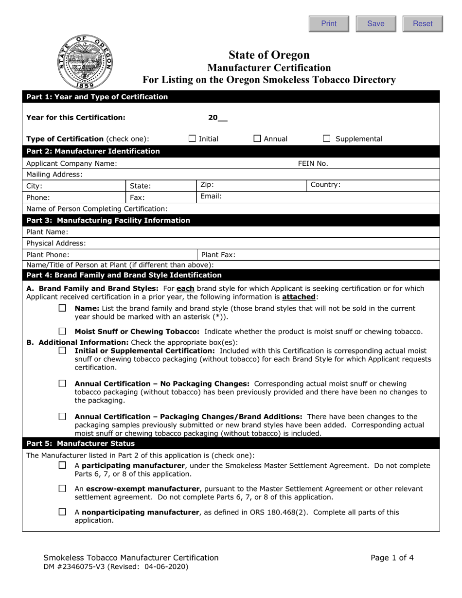 Form DM2346075 Manufacturer Certification for Listing on the Oregon Smokeless Tobacco Directory - Oregon, Page 1