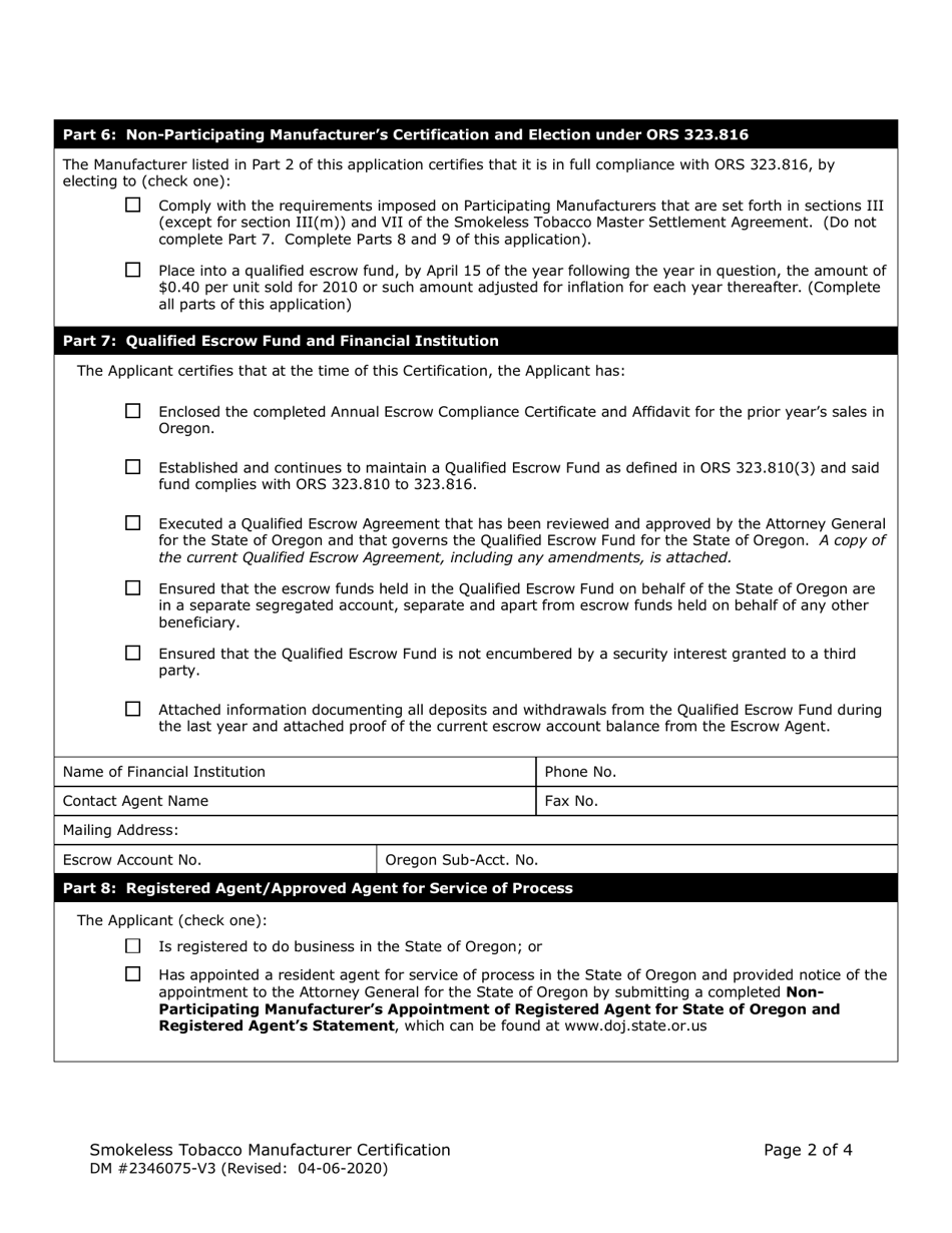 Form DM2346075 Manufacturer Certification for Listing on the Oregon Smokeless Tobacco Directory - Oregon, Page 2