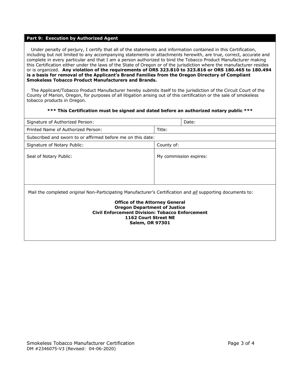 Form DM2346075 Manufacturer Certification for Listing on the Oregon Smokeless Tobacco Directory - Oregon, Page 3