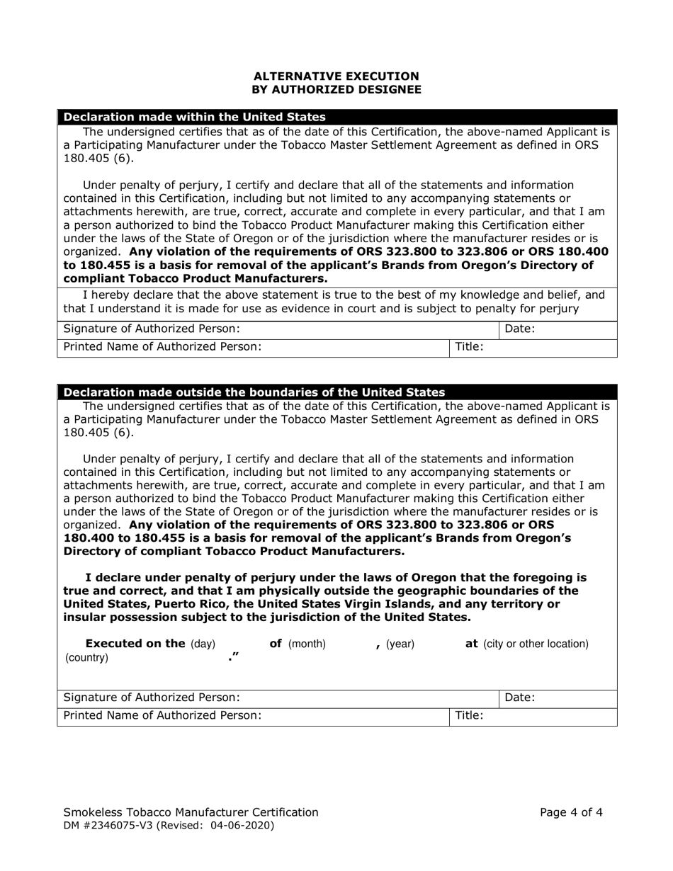 Form DM2346075 Manufacturer Certification for Listing on the Oregon Smokeless Tobacco Directory - Oregon, Page 4