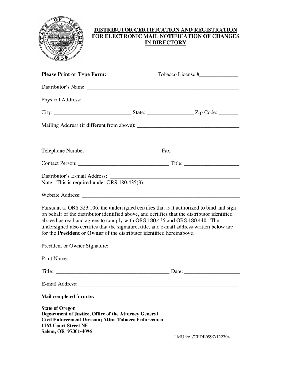 Distributor Certification and Registration for Electronic Mail Notification of Changes in Directory - Oregon, Page 1