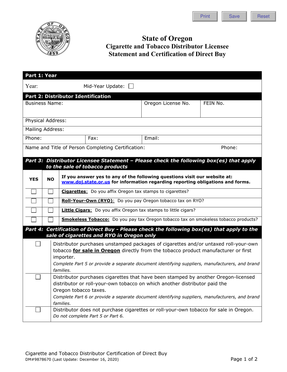Form DM9878670 Cigarette and Tobacco Distributor Licensee Statement and Certification of Direct Buy - Oregon, Page 1