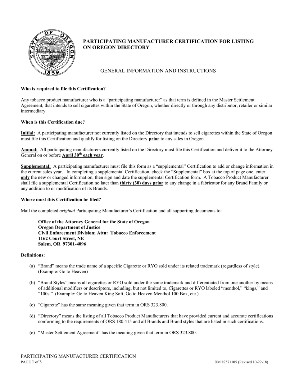 Instructions for Participating Manufacturer Certification for Listing on the Oregon Tobacco Directory - Oregon, Page 1