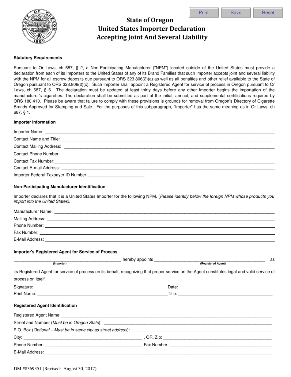 Form DM8369351 United States Importer Declaration Accepting Joint and Several Liability - Oregon, Page 1