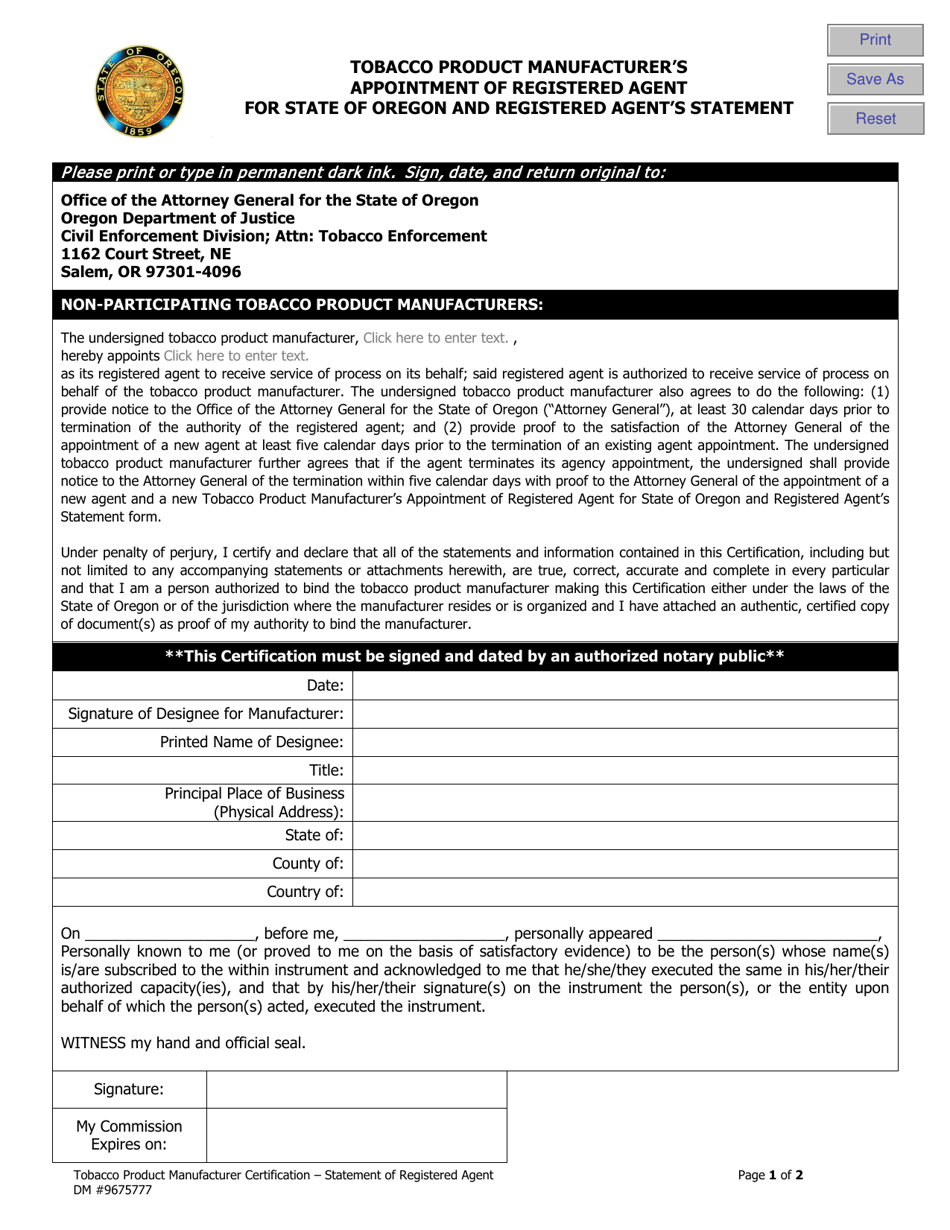 Form DM9675777 Tobacco Product Manufacturers Appointment of Registered Agent for State of Oregon and Registered Agents Statement - Oregon, Page 1