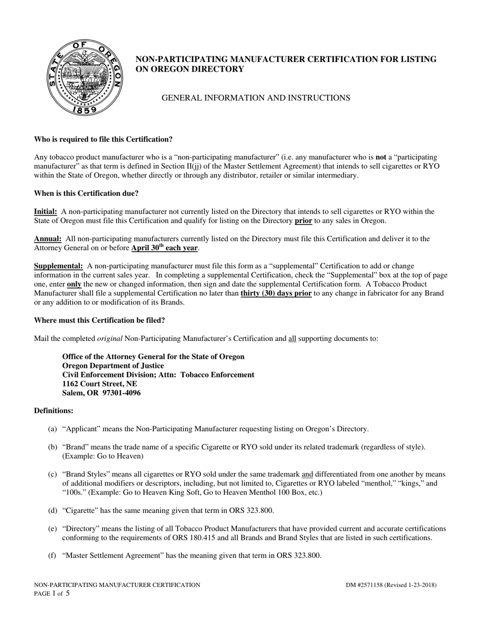 Instructions for Non-participating Manufacturer Certification for Listing on the Oregon Tobacco Directory - Oregon, Page 1