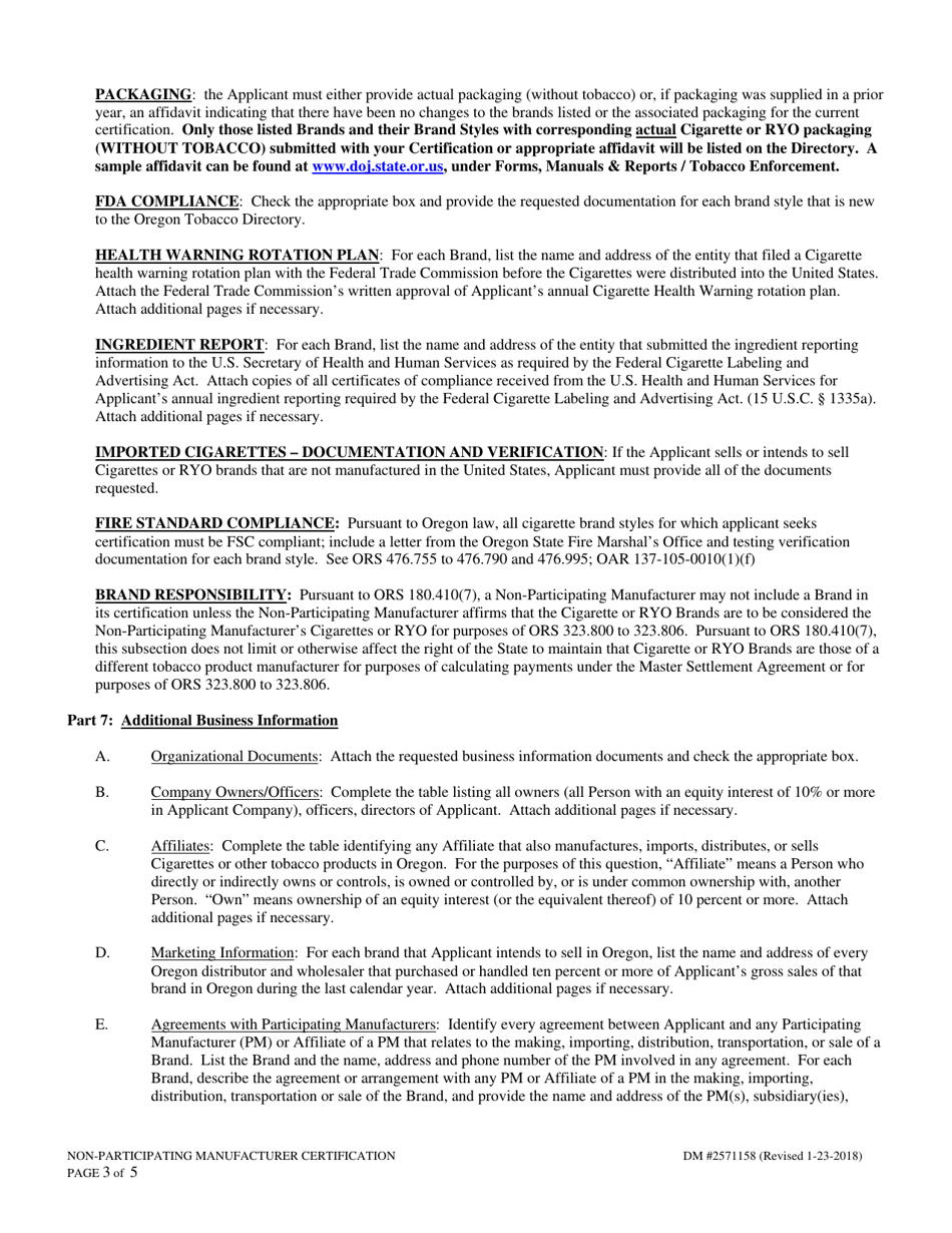 Instructions for Non-participating Manufacturer Certification for Listing on the Oregon Tobacco Directory - Oregon, Page 3