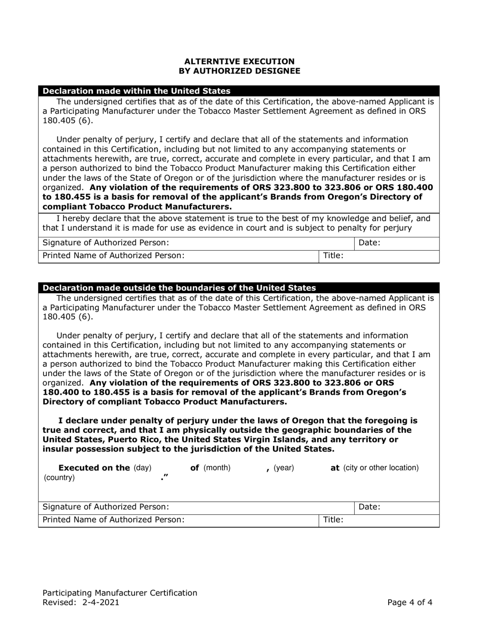 Participating Manufacturer Certification for Listing on the Oregon Tobacco Directory - Oregon, Page 4