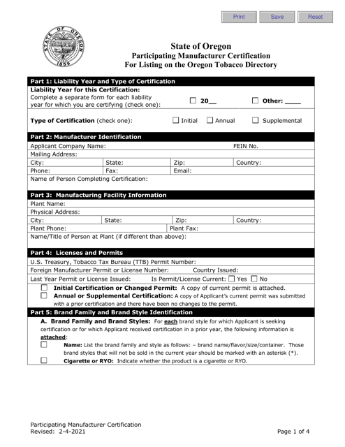 Participating Manufacturer Certification for Listing on the Oregon Tobacco Directory - Oregon Download Pdf