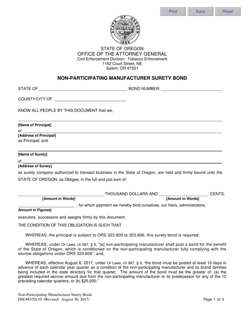 Form DM8370110 Non-participating Manufacturer Surety Bond - Oregon