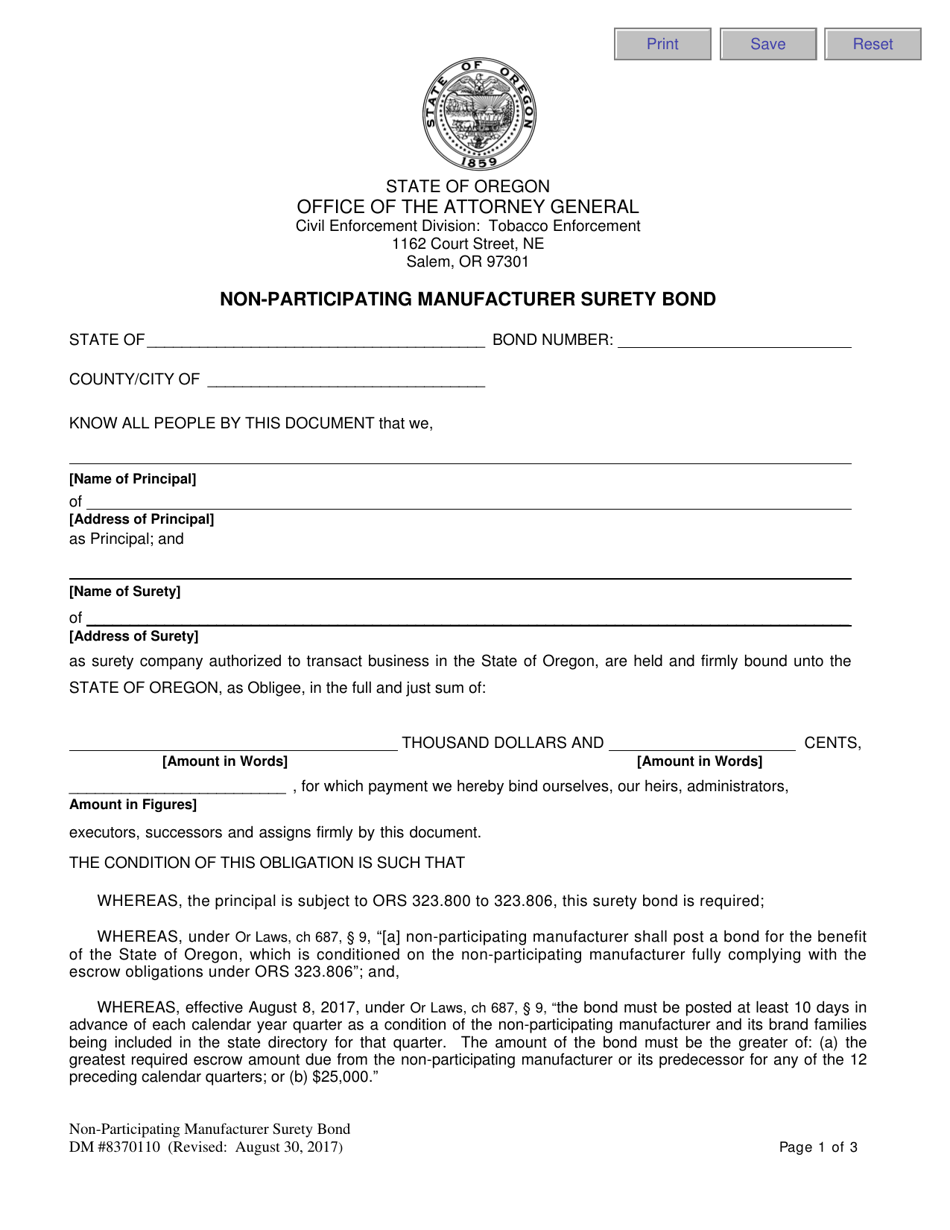 Form DM8370110 Non-participating Manufacturer Surety Bond - Oregon, Page 1