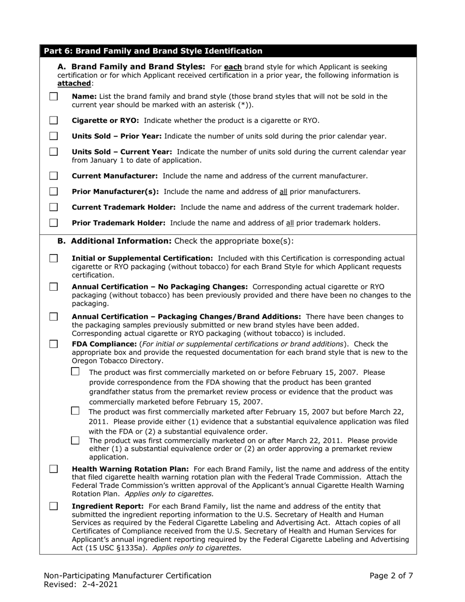 Non-participating Manufacturer Certification for Listing on the Oregon Tobacco Directory - Oregon, Page 2