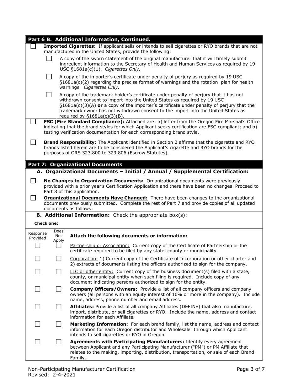 Non-participating Manufacturer Certification for Listing on the Oregon Tobacco Directory - Oregon, Page 3