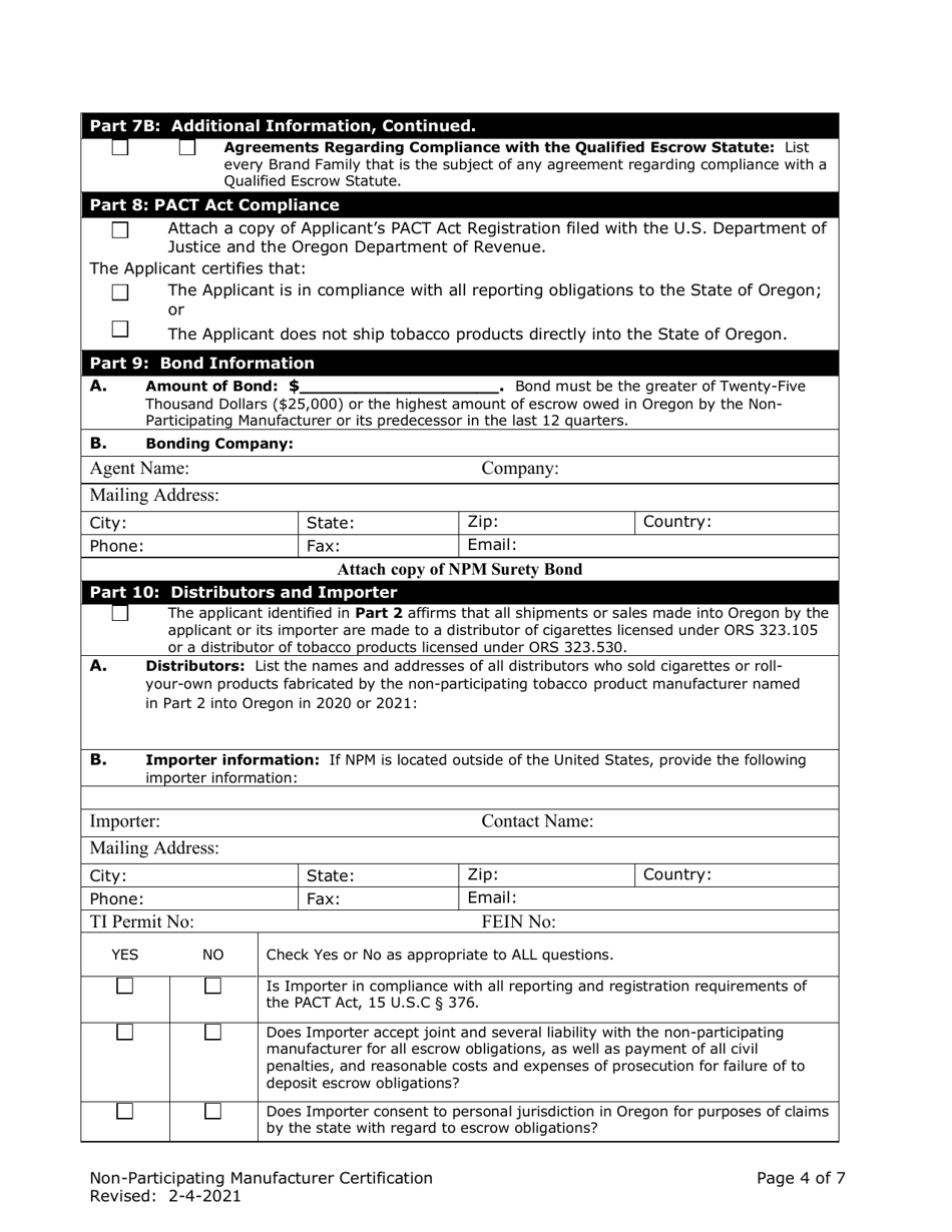 Non-participating Manufacturer Certification for Listing on the Oregon Tobacco Directory - Oregon, Page 4