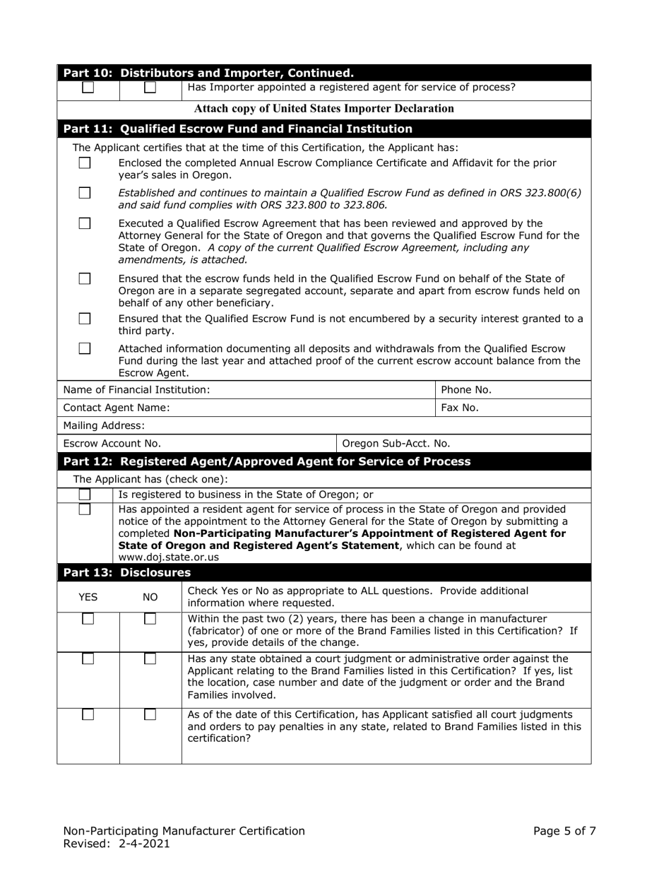 Non-participating Manufacturer Certification for Listing on the Oregon Tobacco Directory - Oregon, Page 5