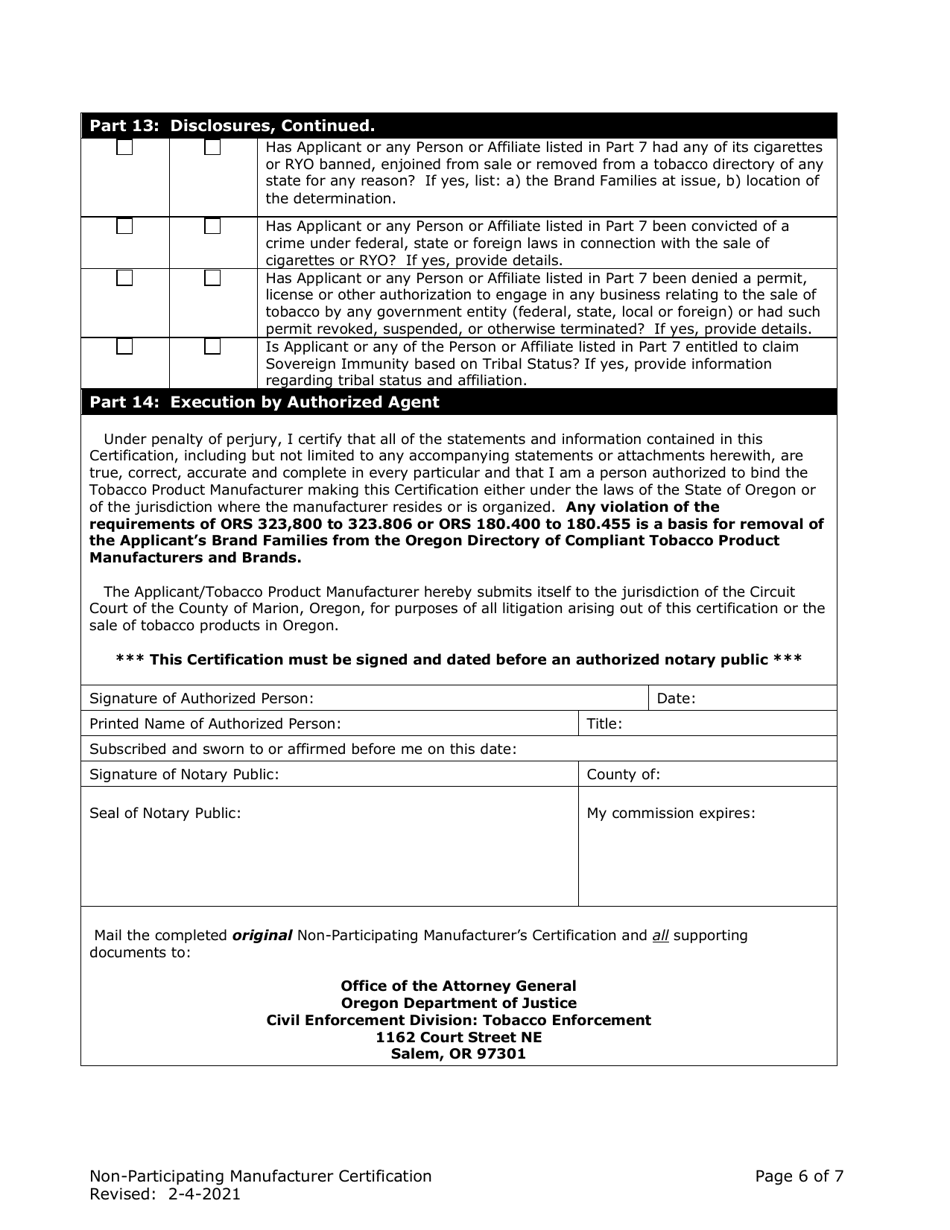 Non-participating Manufacturer Certification for Listing on the Oregon Tobacco Directory - Oregon, Page 6