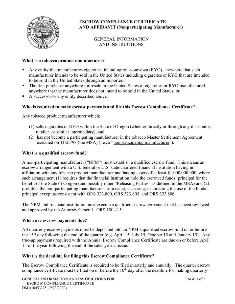 Instructions for Escrow Compliance Certificate and Affidavit (Non-participating Manufacturer) - Oregon, Page 1