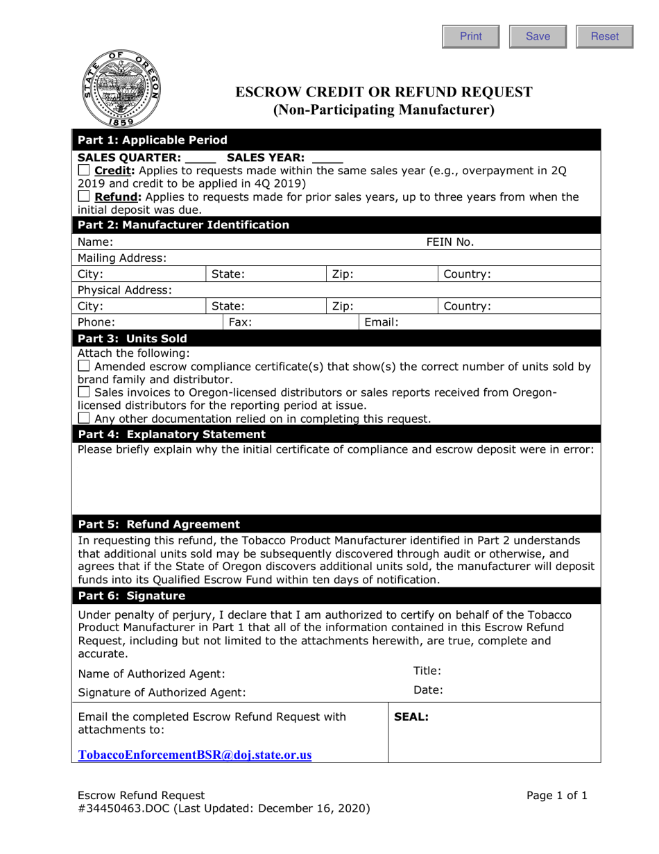 Escrow Credit or Refund Request (Non-participating Manufacturer) - Oregon, Page 1