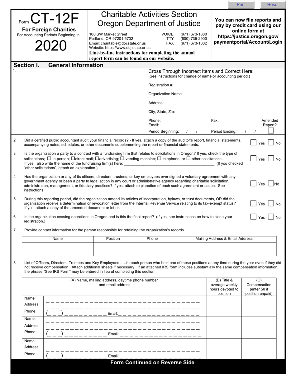 Form CT-12F Charitable Activities Form for Foreign Charities - Oregon, Page 1