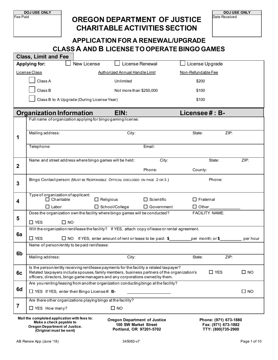 Application for a Renewal / Upgrade Class a and B License to Operate Bingo Games - Oregon, Page 1
