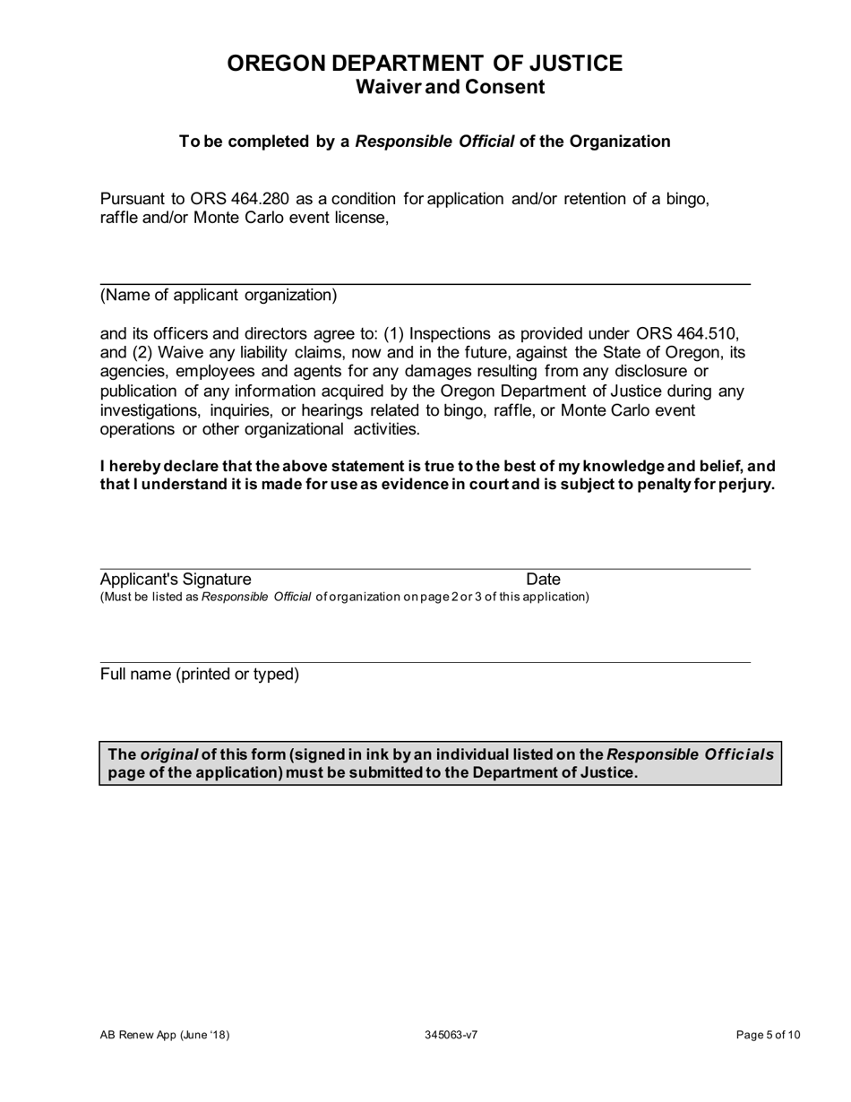Application for a Renewal / Upgrade Class a and B License to Operate Bingo Games - Oregon, Page 5