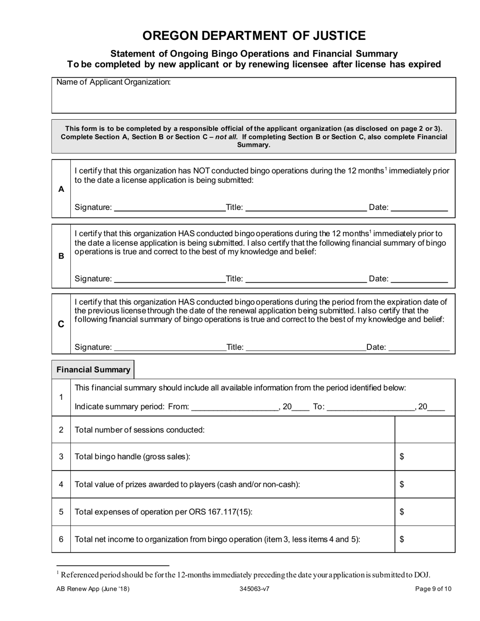 Application for a Renewal / Upgrade Class a and B License to Operate Bingo Games - Oregon, Page 9