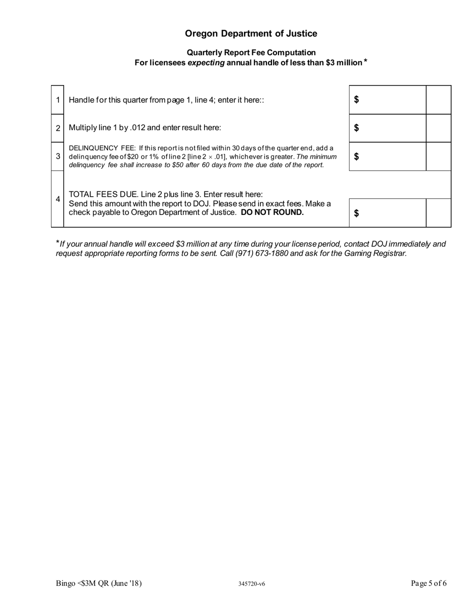 Bingo Class a Quarterly Report With Handle $3 Million or Less - Oregon, Page 5