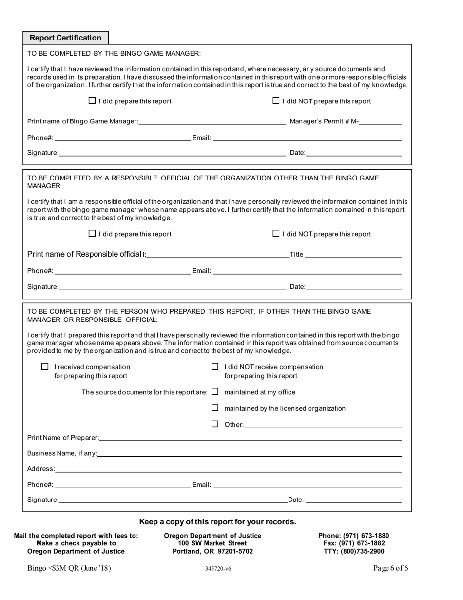 Bingo Class a Quarterly Report With Handle $3 Million or Less - Oregon, Page 6