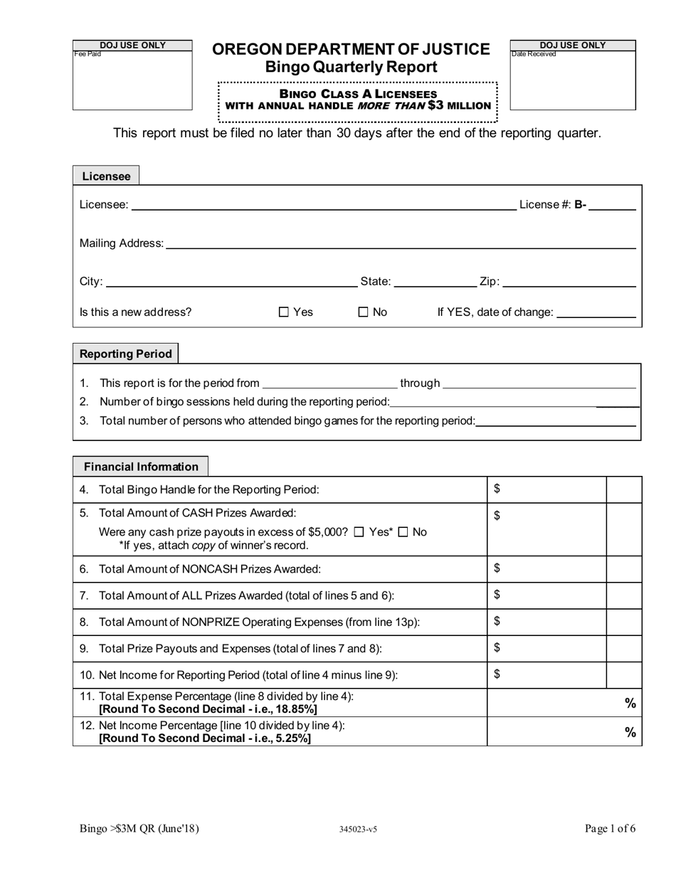 Oregon Bingo Class a Quarterly Report With Handle $3 Million or More ...