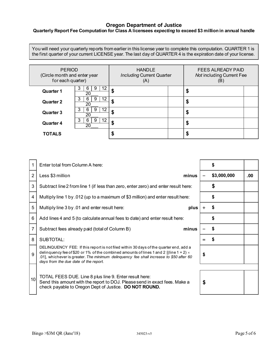 Bingo Class a Quarterly Report With Handle $3 Million or More - Oregon, Page 5