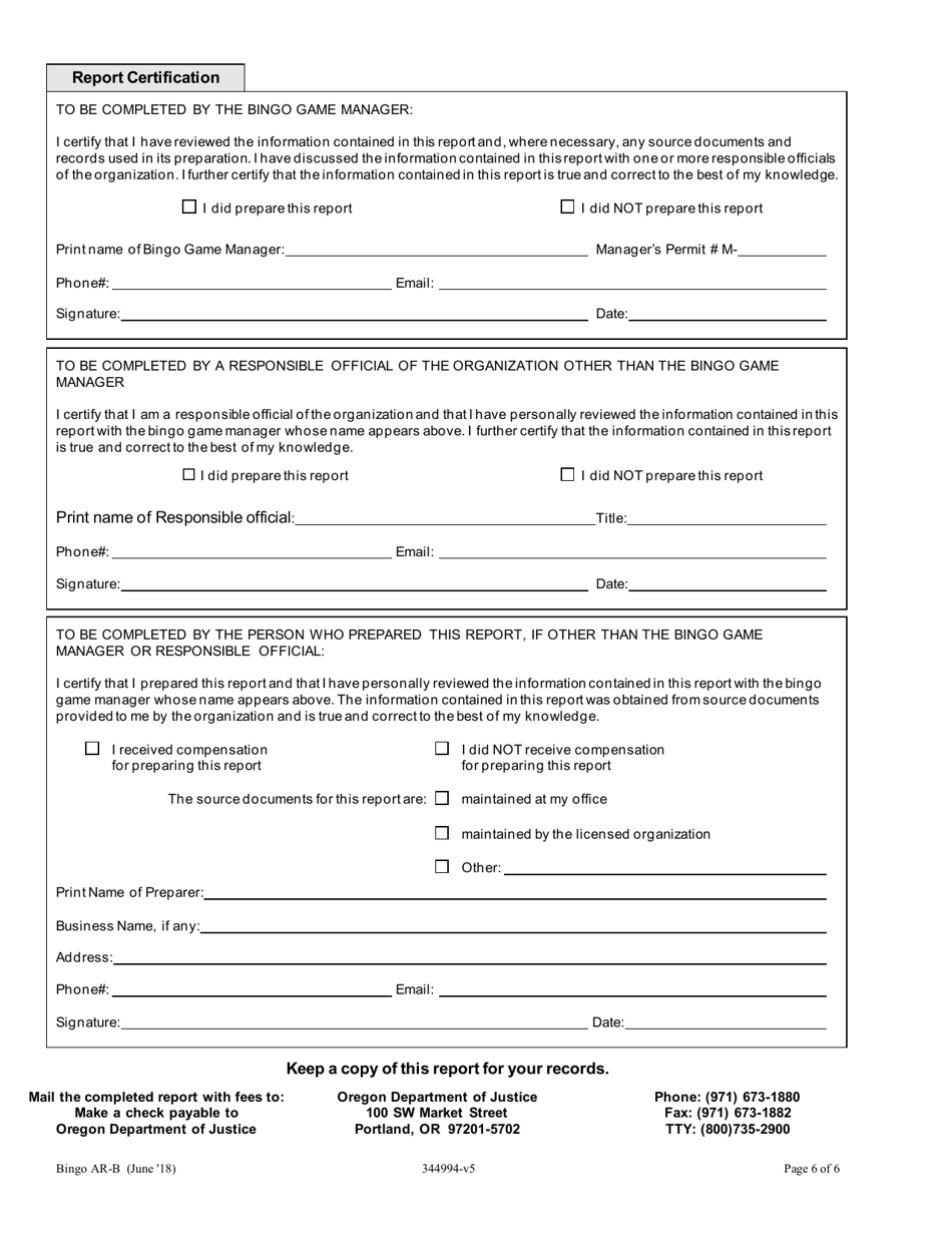 Class B Bingo Annual Report - Oregon, Page 6