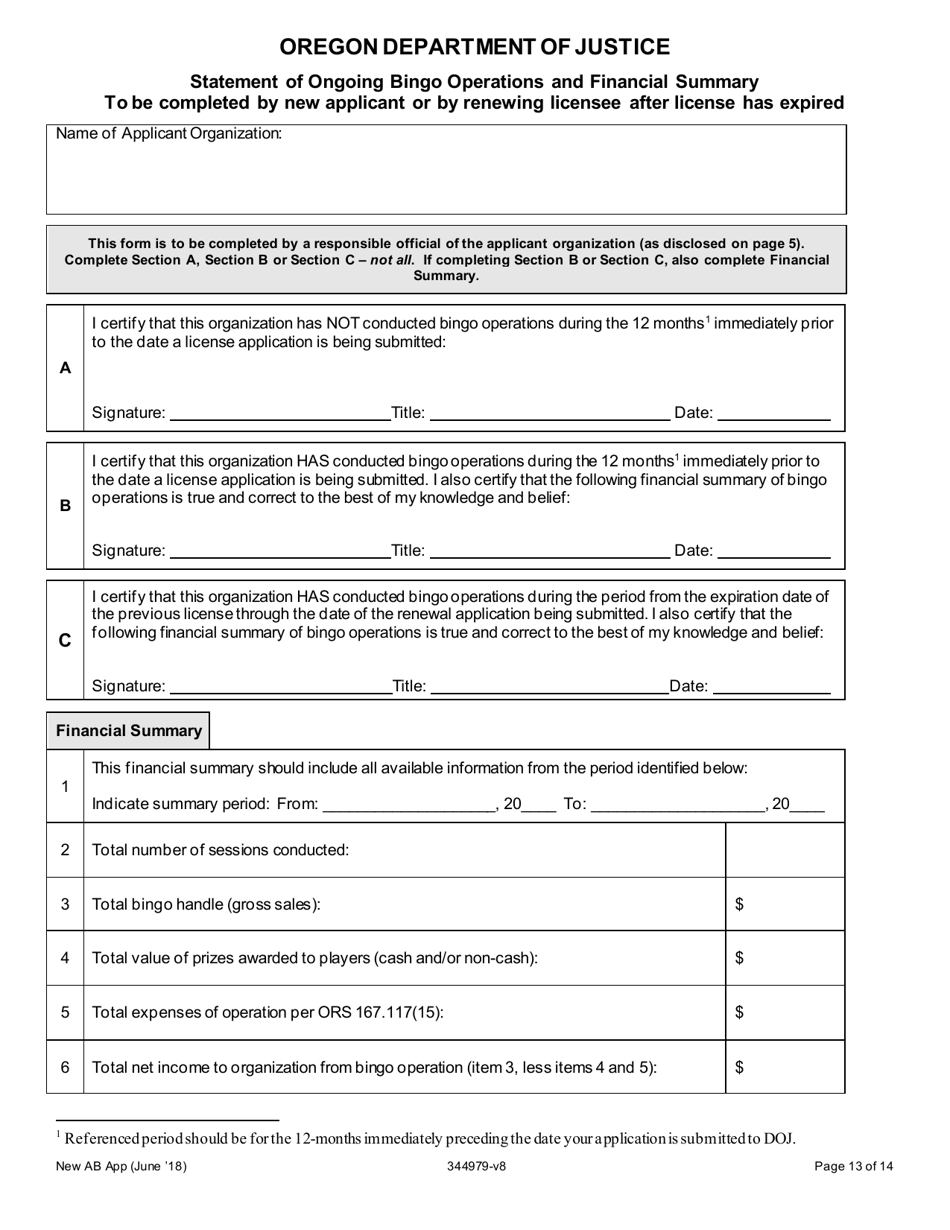 Application for a New Class a and B License to Operate Bingo Games - Oregon, Page 13
