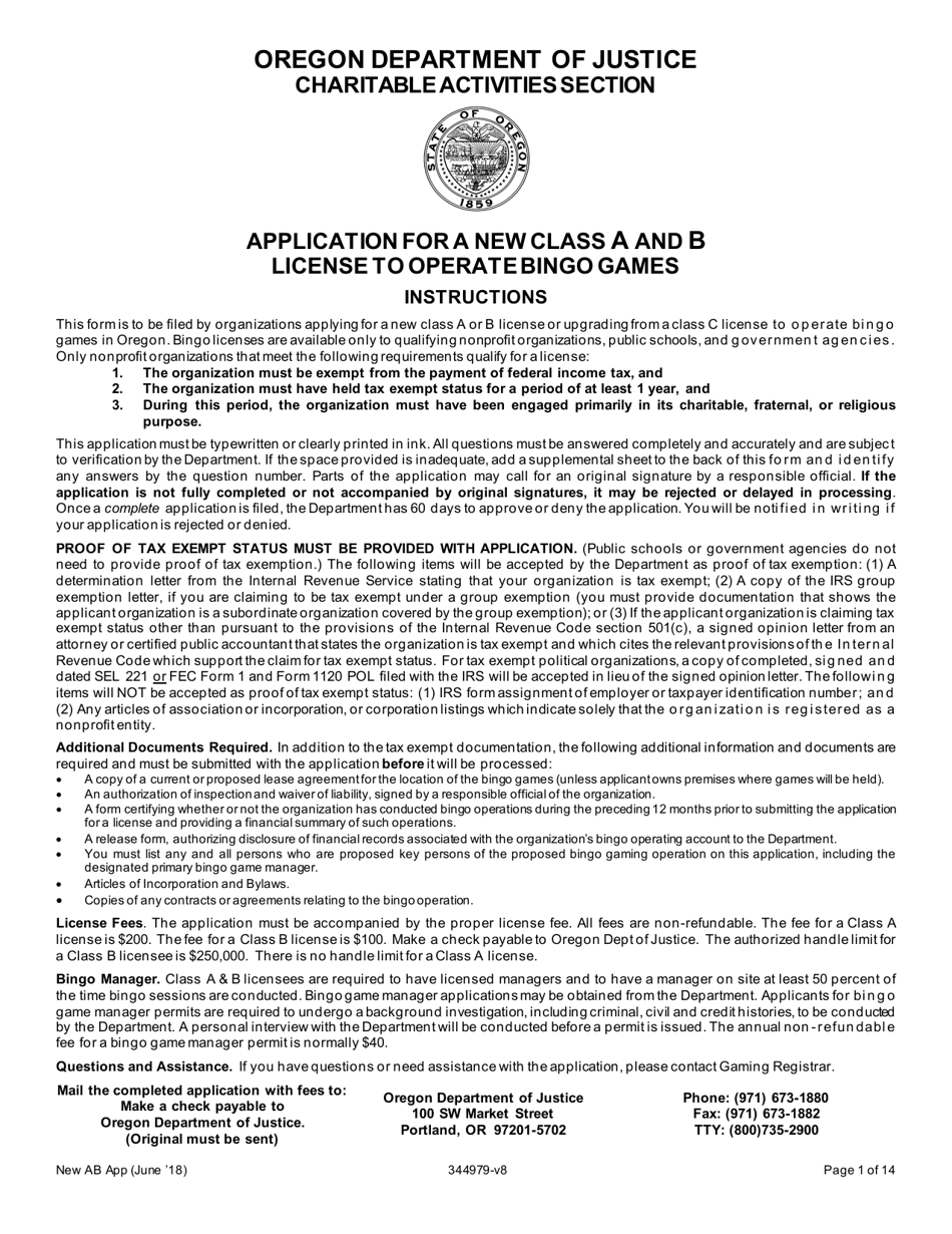 Application for a New Class a and B License to Operate Bingo Games - Oregon, Page 1