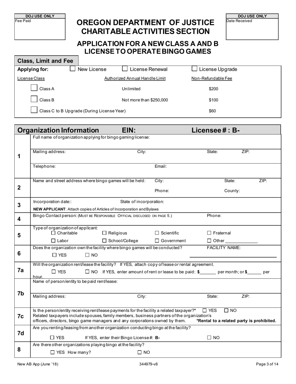 Application for a New Class a and B License to Operate Bingo Games - Oregon, Page 3