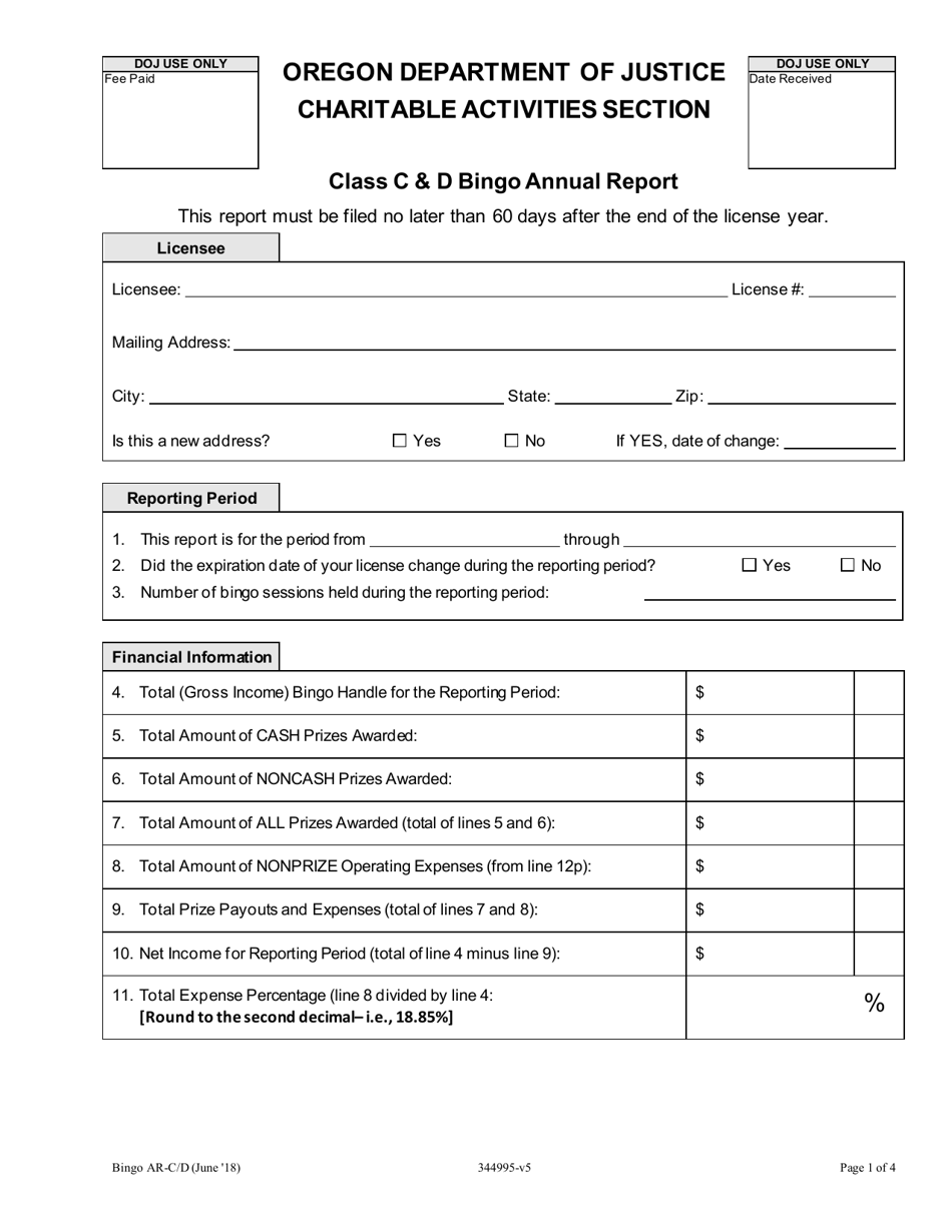 Class C  D Bingo Annual Report - Oregon, Page 1