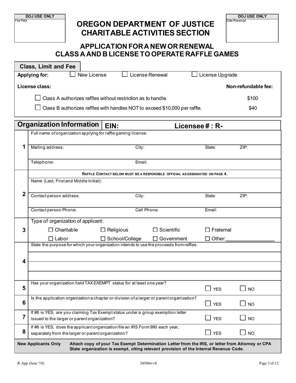 Application for a New or Renewal Class a and B License to Operate Raffle Games - Oregon, Page 3