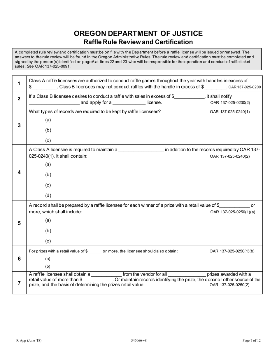 Application for a New or Renewal Class a and B License to Operate Raffle Games - Oregon, Page 7