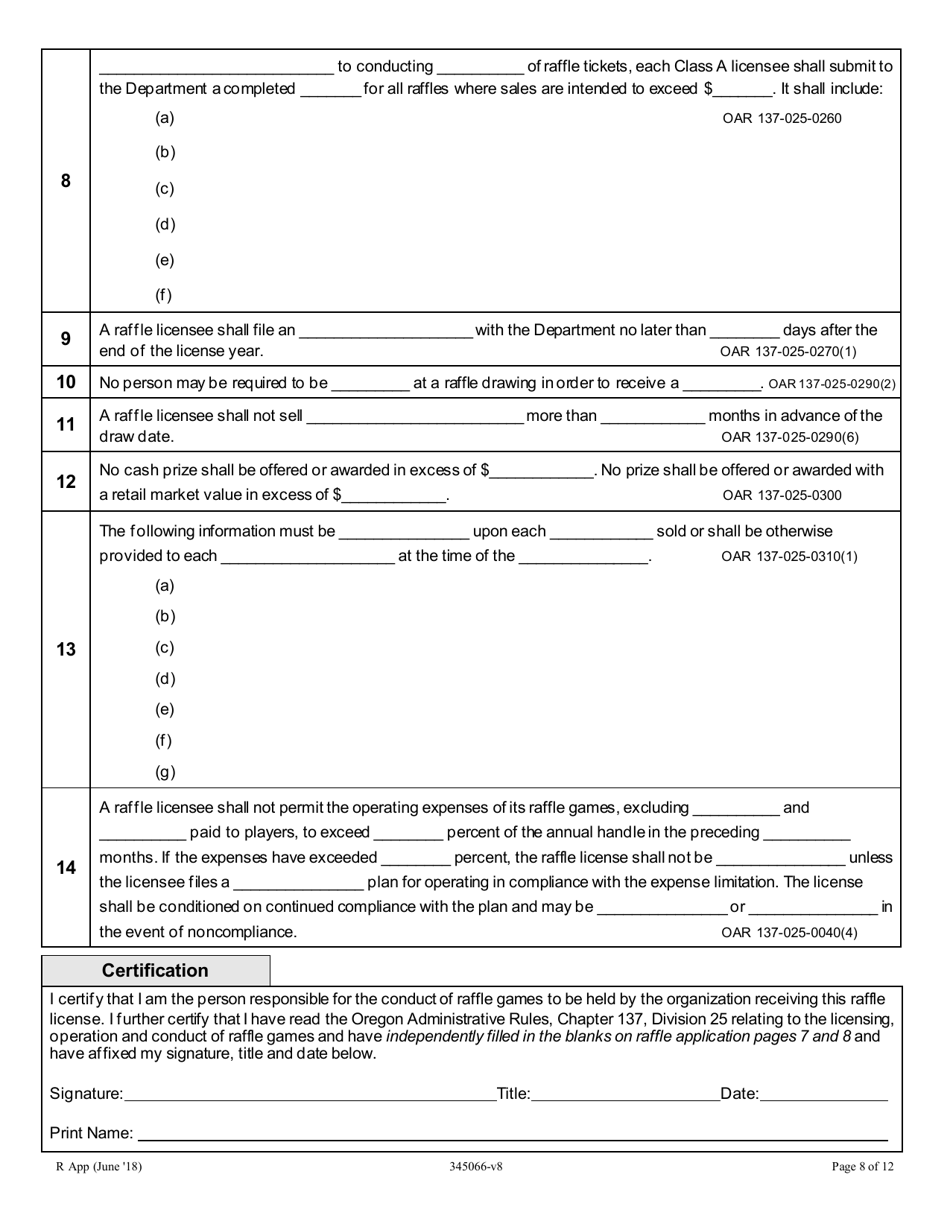 Application for a New or Renewal Class a and B License to Operate Raffle Games - Oregon, Page 8