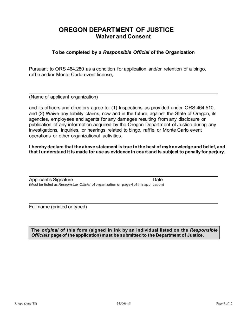 Application for a New or Renewal Class a and B License to Operate Raffle Games - Oregon, Page 9