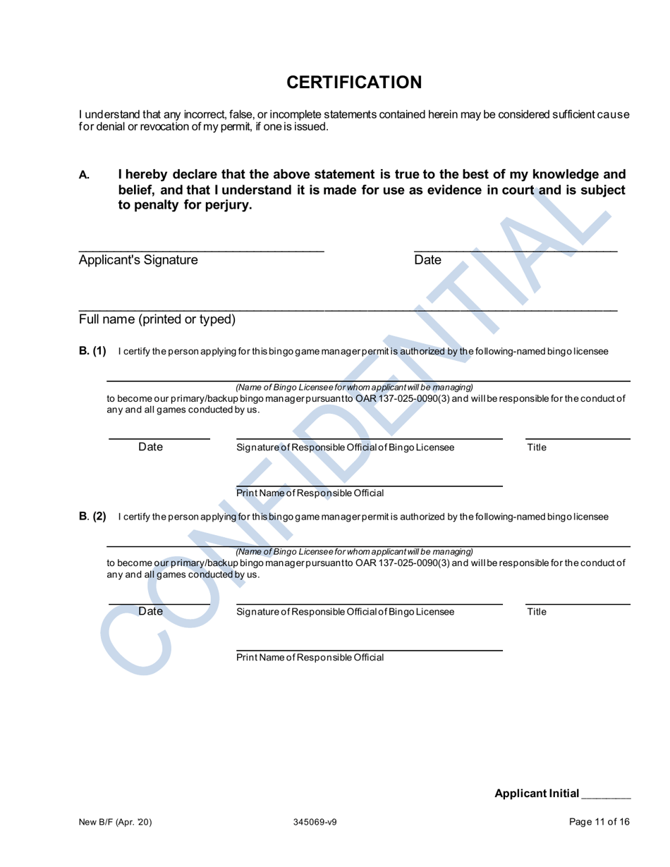 Application for New Bingo Manager - Oregon, Page 11