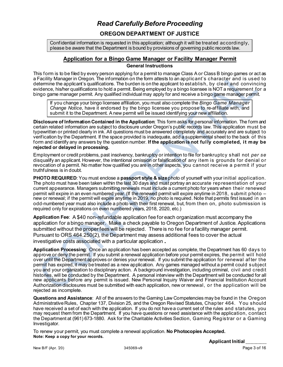 Application for New Bingo Manager - Oregon, Page 3