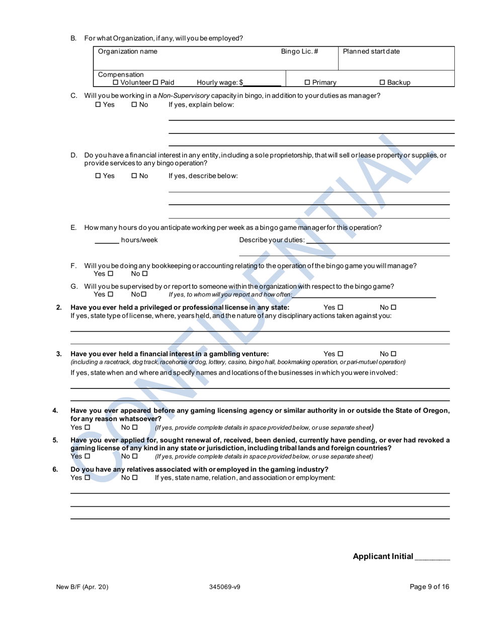 Application for New Bingo Manager - Oregon, Page 9