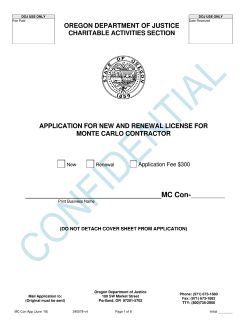Application for New and Renewal License for Monte Carlo Contractor - Oregon