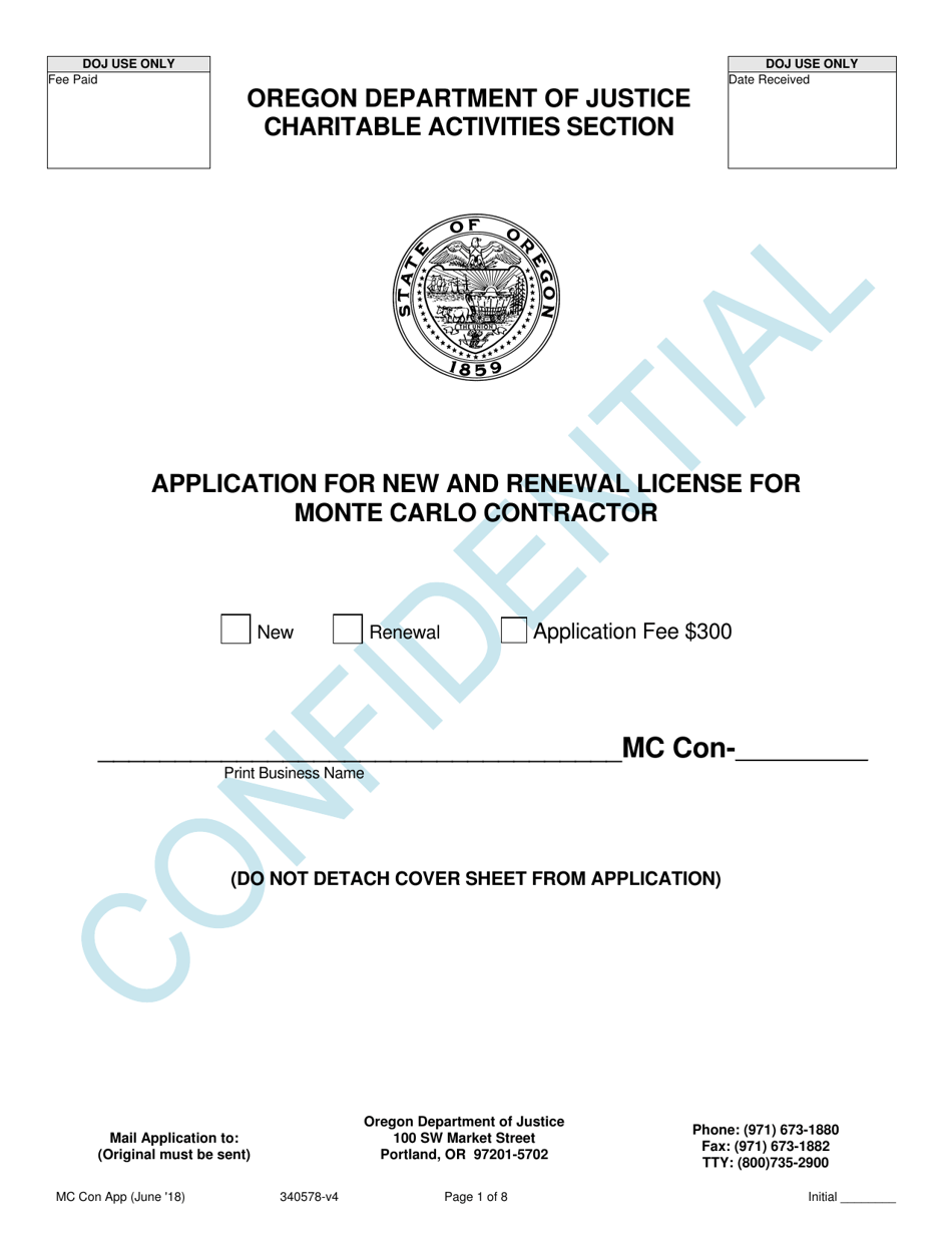 Application for New and Renewal License for Monte Carlo Contractor - Oregon, Page 1
